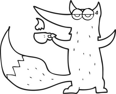 Bir insan tarafından çizilmiş kahve fincanı olan siyah beyaz bir kurt resmi.