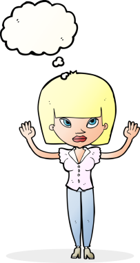 Bir insan tarafından çizilmiş düşünce baloncuğu olan ellerini kaldırmış çizgi film kadını.