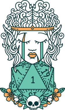 Retro Dövme Tarzı Ağlayan Elf Barbar Karakteri Bir insan tarafından çizilmiş doğal bir D20 rulosu