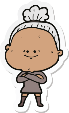 Bir insan tarafından çizilmiş mutlu yaşlı bir kadının çıkartması.