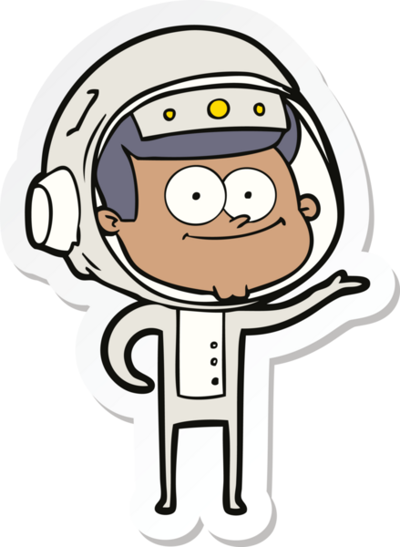 Bir insan tarafından çizilmiş mutlu bir astronot çizgi filminin çıkartması.