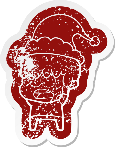 Bir insan tarafından çizilmiş Noel Baba şapkası takan bir çocuğun endişeli karikatürü.