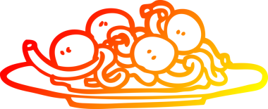 Bir insan tarafından çizilmiş sıcak gradyan spagetti ve köfte çizimi.