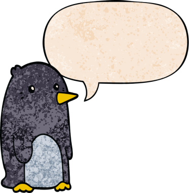 Konuşma baloncuğu olan karikatür pengueni insan tarafından çizilmiş.