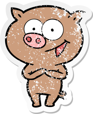 Bir insan tarafından çizilmiş neşeli bir domuz çizgi filminin hüzünlü çıkartması.