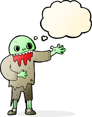 Bir insan tarafından çizilmiş düşünce baloncuklu tuhaf zombi çizgi filmi.