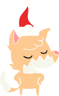 Bir insan tarafından çizilmiş Noel Baba şapkası giymiş bir tilkinin düz renk çizimi.