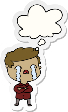 Bir insan tarafından çizilmiş bir çıkartma gibi düşünce baloncuğuyla ağlayan çizgi film adamı.