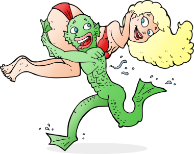 Bir insan tarafından çizilmiş bikinili kızı taşıyan bataklık canavarı.