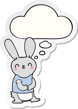 Bir insan tarafından çizilmiş bir çıkartma gibi düşünce balonlu şirin çizgi film tavşanı.