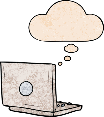 bir insan tarafından çizilmiş grunge doku biçiminde düşünce baloncuklu dizüstü bilgisayar.