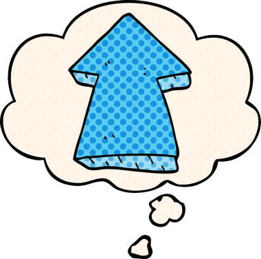 Bir insan tarafından çizilmiş çizgi roman tarzında düşünce baloncuklu ok gösteren çizgi film.