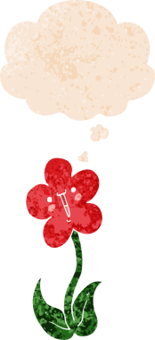 Düşünce baloncuğu ve grunge desenli karikatür çiçeği bir insan tarafından çizilmiş.