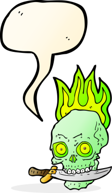 Bir insan tarafından çizilmiş konuşma baloncuğu ile dişlerinde bıçak olan korsan kafatası.