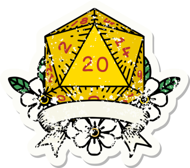 Bir insan tarafından çekilen 20 kritik vuruşluk D20 zar atımının grunge çıkartması.