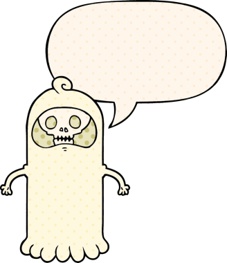 Bir insan tarafından çizilmiş çizgi roman tarzında konuşma baloncuğu olan tuhaf kafataslı bir çizgi film hayaleti.