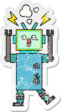 Bir insan tarafından çizilmiş sevimli bir robot çizgi film çıkartması.