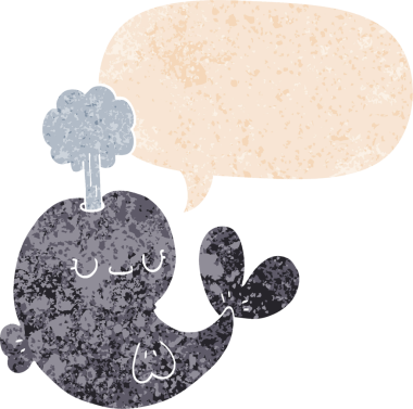 Bir insan tarafından çizilmiş grunge sıkıntılı retro tarzı konuşma balinası ile sevimli çizgi film balinası