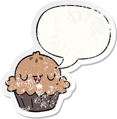 Konuşma baloncuğu olan şirin bir çizgi film pastası bir insan tarafından çizilmiş sıkıntılı eski bir çıkartma.