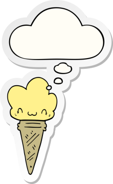 Yüzünde düşünce kabarcığı olan karikatür dondurması bir insan tarafından çizilmiş çıkartma gibi.