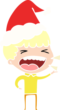 Bir insan tarafından çizilmiş Noel Baba şapkası takan gülen bir adamın düz renkli çizimi.