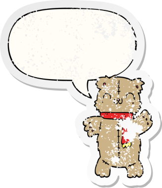 Bir insan tarafından çizilmiş, sıkıntılı, eski bir çıkartma olan, konuşma balonlu çizgi film ayıcığı.