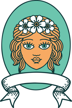 Geleneksel dövme, bir insan tarafından çizilmiş çiçekli bir bakirenin sancağıyla.