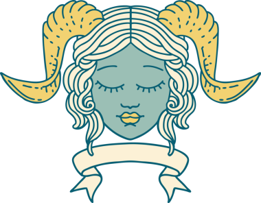 Retro Dövme Biçimi karakter yüzünü bir insan tarafından çizilmiş parşömen pankartıyla düzenliyor