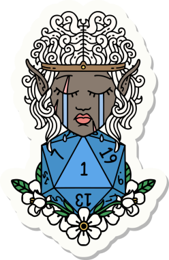 Ağlayan elf barbar karakterinin çıkartması. Bir insan tarafından çizilmiş doğal bir D20 rulo.