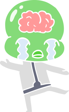 Düz renkli çizgi film. Bir insan tarafından çizilmiş büyük beyinli uzaylı ağlaması.