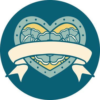 İkonik dövme stili bir kalp ve bir insan tarafından çizilmiş çiçekli pankart.