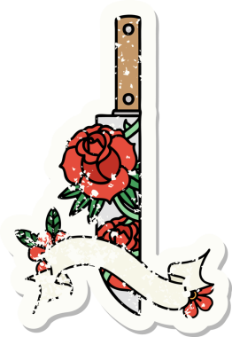 Bir hançer bayrağı ve bir insan tarafından çizilmiş çiçekler olan eski bir etiket.