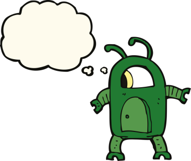 Bir insan tarafından çizilmiş düşünce baloncuklu uzaylı robot.