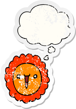 Düşünce baloncuğu olan karikatür ayçiçeği insan tarafından çizilmiş yıpranmış bir çıkartma gibi.