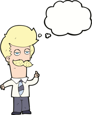 Bir insan tarafından çizilmiş düşünce baloncuğuyla açıklayan bıyıklı bir çizgi film.