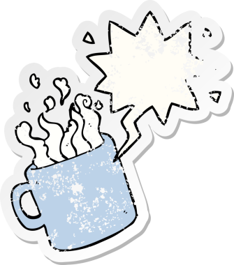 Bir insan tarafından çizilmiş, sıkıntılı, sıkıntılı, eski bir çıkartma olan bir kahve fincanı.