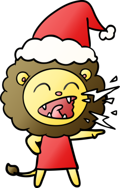 Kükreyen bir aslan kızın insan tarafından çizilmiş Noel Baba şapkası giydiği el çizimi çizgi film.