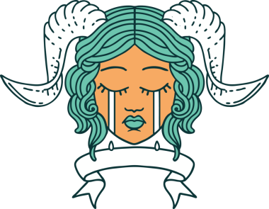 Retro Dövme Biçimi, bir insan tarafından çizilmiş kaydırma pankartıyla ağlayan karakter yüzü