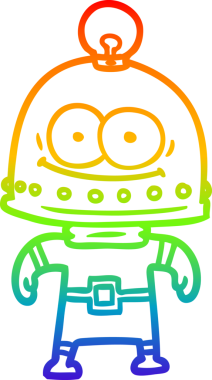 Gökkuşağı gradyan çizgisi mutlu bir karton robot çizimi ve bir insan tarafından çizilmiş ampul.