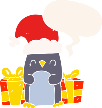 Bir insan tarafından çizilmiş retro tarzı konuşma baloncuğu olan sevimli bir Noel pengueni.