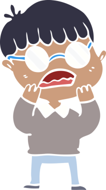 Düz renkli çizgi film. Bir insan tarafından çizilmiş gözlük takan çocuk şok oldu.