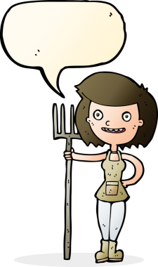 Bir insan tarafından çizilmiş konuşma balonlu mutlu çiftçi kız.