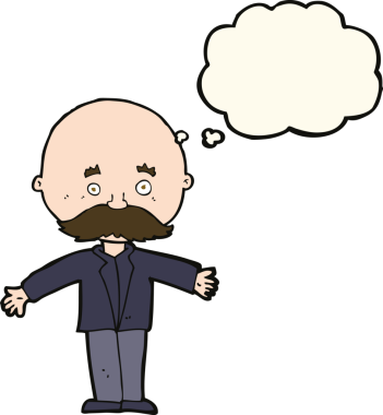 Bir insan tarafından çizilmiş düşünce baloncuğuyla açık kollu kel bir adam.