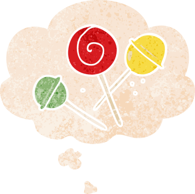 Düşünce baloncuklu çizgi film lolipopu grunge sıkıntılı retro desenli bir insan tarafından çizilmiş