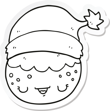 Bir insan tarafından çizilmiş Noel Baba şapkası takan bir karikatür etiketi.