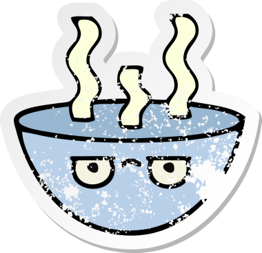 Bir insan tarafından çizilmiş sıcak çorba kasesinin hüzünlü çıkartması.