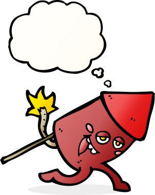 Bir insan tarafından çizilmiş düşünce baloncuklu komik havai fişek karakteri.