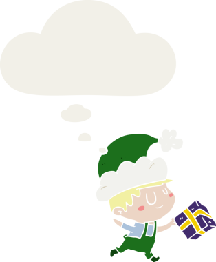 Çizgi film mutlu noel elfi. Düşünce baloncuğu insan tarafından çizilmiş.