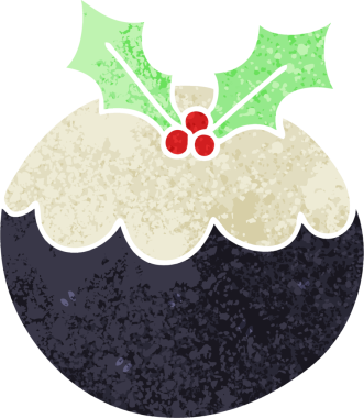 Bir insan tarafından çizilmiş retro illüstrasyon tarzı tuhaf bir çizgi film noel pudingi.