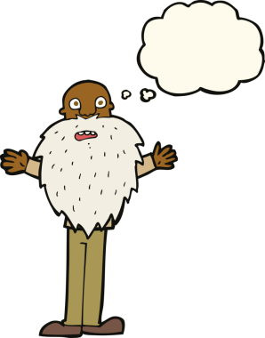 Karikatür sakallı yaşlı adam. Düşünce baloncuğu insan tarafından çizilmiş.